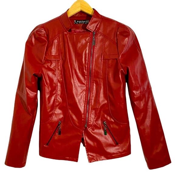 Bright Pearl Red Faux Leather Moto Jacket, Size Small 4/6* Please See Below - Picture 3 of 14
